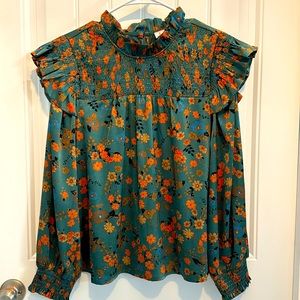 THML Floral Smocked Blouse - Teal and Orange